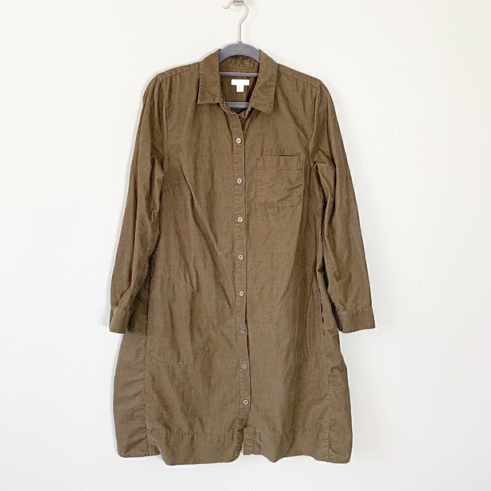 J. Jill Womens Small Olive Brown Corduroy Button Front Long Sleeve Shirt Dress
